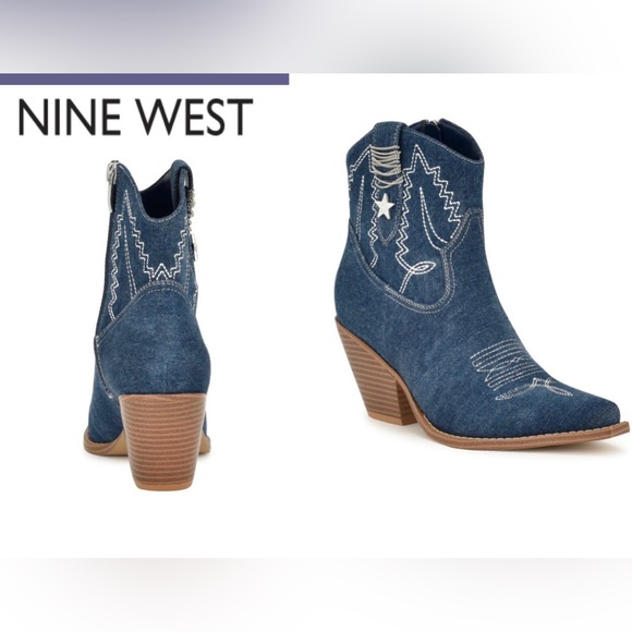 Nine West Nallas Western Booties Heeled ✨ Dark Blue Denim Size 9 | star country - Picture 15 of 15
